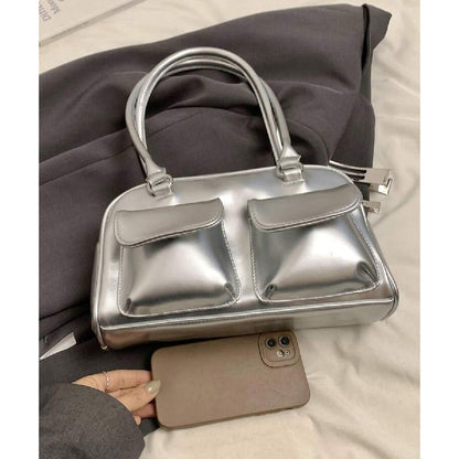 Cartera Bandolera Brillante Mujer Cuero Sintético Plateado