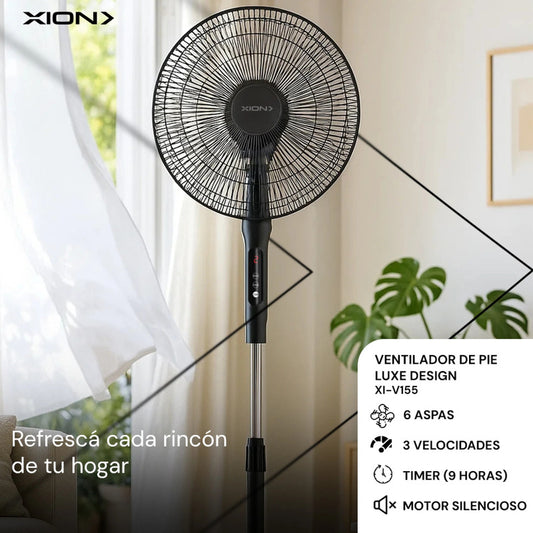 Ventilador De Pie Xion Xi-v155 6 Aspas 3 Velocidades 40 Cm - 40 Cm - 50 Hz/60 Hz - Negro - Plateado - Plástico - 6