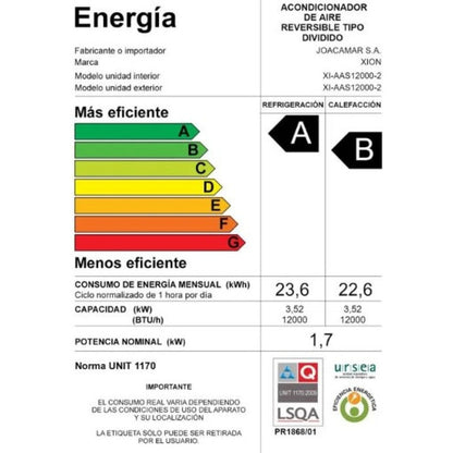 Aire Acondicionado Split Xion Frio Calor 12000 Btu Eficien A Blanco