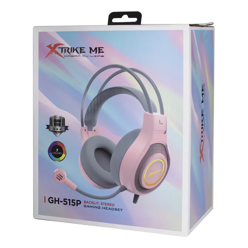 Vincha Con Luz Rgb Auricular Gamer Con Cable Xtrike Color Rosa