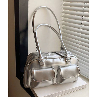 Cartera Bandolera Brillante Mujer Cuero Sintético Plateado