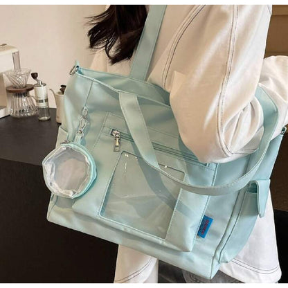 Bolso Plegable De Tela Impermeable Cartera Dama Con Bolsillo Celeste Lisa