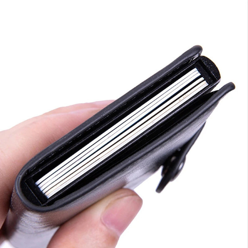 Billetera Tarjetero Porta Tarjetas De Metal Cuero Sintetico Marrón Oscuro