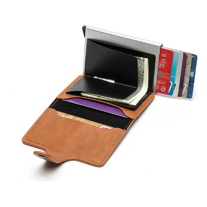 Billetera Tarjetero Porta Tarjetas De Metal Cuero Sintetico Marrón Oscuro