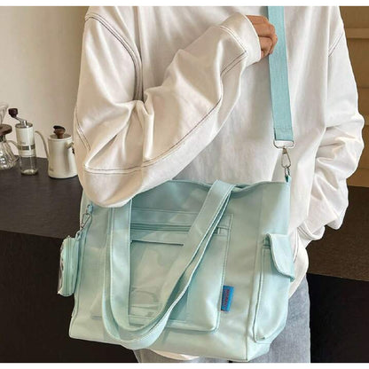 Bolso Plegable De Tela Impermeable Cartera Dama Con Bolsillo Celeste Lisa