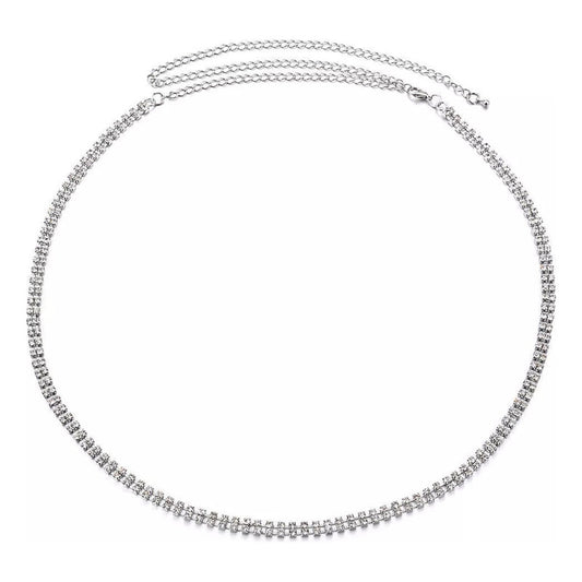 Cintos De Strass Doble Para Fiestas Con Cadenita Brillante - Plateado - Único