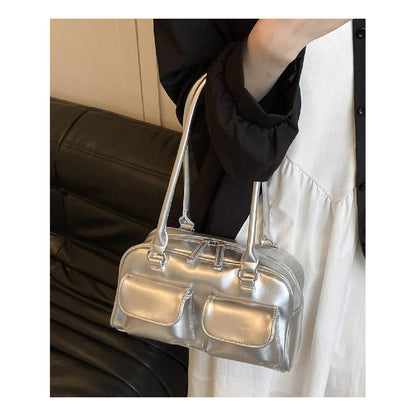 Cartera Bandolera Brillante Mujer Cuero Sintético Plateado