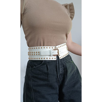 Cinto Ancho Con Tachas Cinturón Cuero Sintético Y Elástico Blanco 74,5 X 7,5 Cm