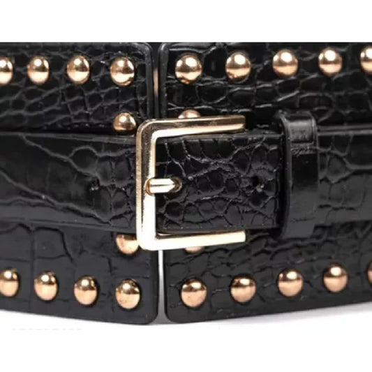 Cinto Ancho Con Tachas Cinturón Cuero Sintético Y Elástico Negro 74,5 X 7,5 Cm