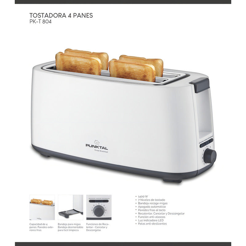 Tostadora Punktal 4 Panes 1400 W 7 Niveles De Tostado - Blanco