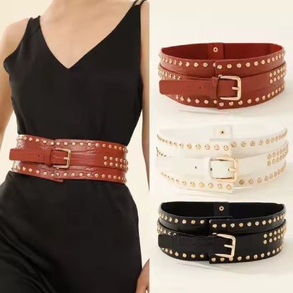 Cinto Ancho Con Tachas Cinturón Cuero Sintético Y Elástico Blanco 74,5 X 7,5 Cm