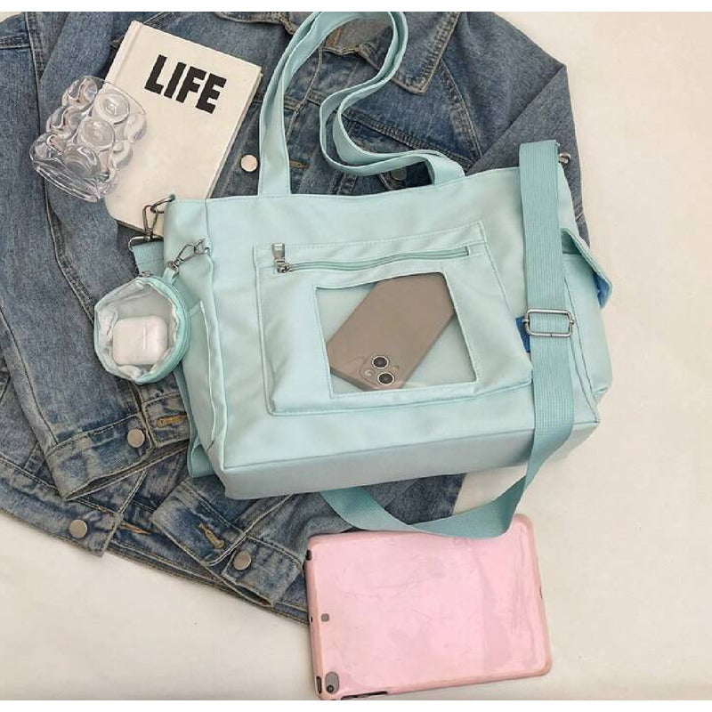 Bolso Plegable De Tela Impermeable Cartera Dama Con Bolsillo Celeste Lisa