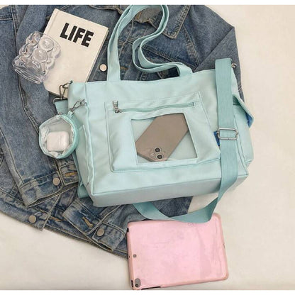 Bolso Plegable De Tela Impermeable Cartera Dama Con Bolsillo Celeste Lisa