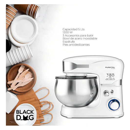 Batidora Punktal Blanca Pk-9370 5lts 1300 W Bowl De Acero Inoxidable 3 Accesorios Para Batir Espátula Pies Antideslizantes Bde