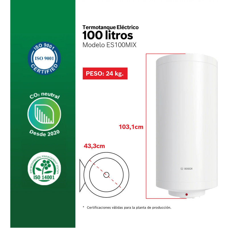 Calefon Termotanque Eléctrico Bosch 100 Litros Clase A - Blanco
