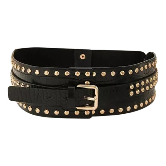 Cinto Ancho Con Tachas Cinturón Cuero Sintético Y Elástico Negro 74,5 X 7,5 Cm