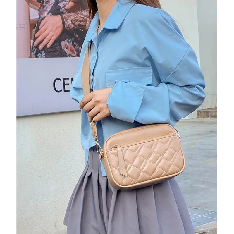 Cartera De Damas Bolso Para Mujer Bandolera Correa Ajustable Caqui Capitoneada