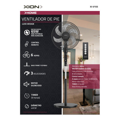 Ventilador De Pie Xion Xi-v155 6 Aspas 3 Velocidades Con Control Remoto Timer