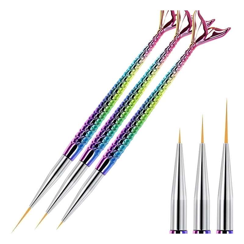 Pinceles Liner Cola De Sirena Kit Pack X3 Decoración De Uñas Multicolor