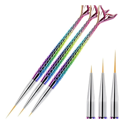 Pinceles Liner Cola De Sirena Kit Pack X3 Decoración De Uñas Multicolor