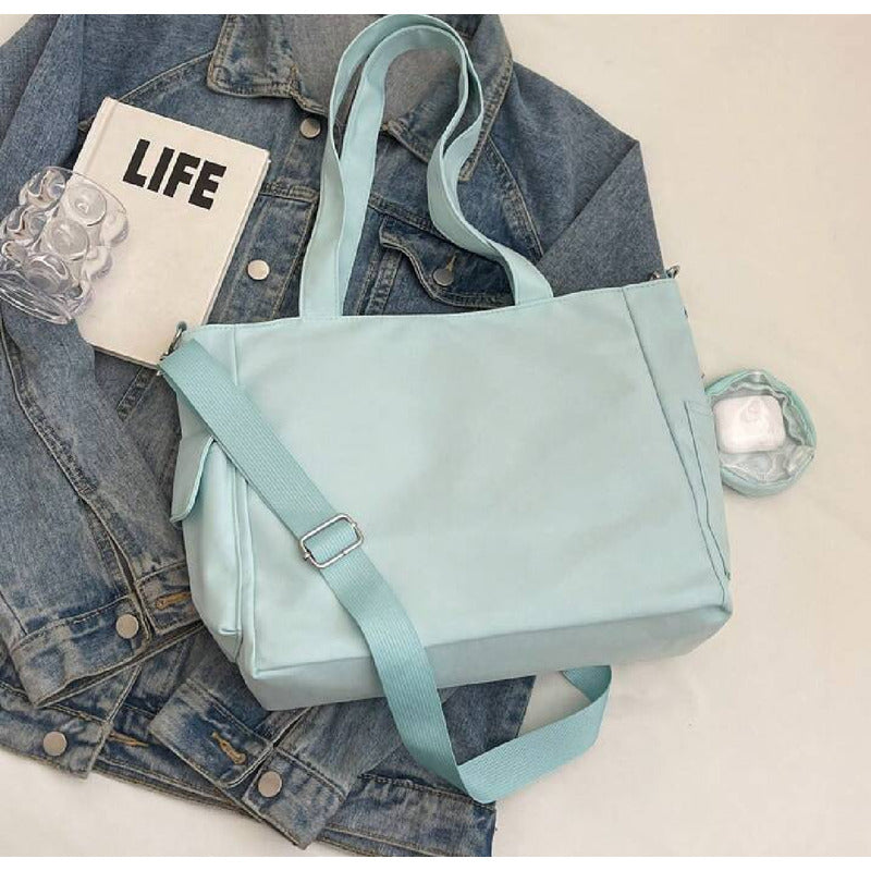 Bolso Plegable De Tela Impermeable Cartera Dama Con Bolsillo Celeste Lisa