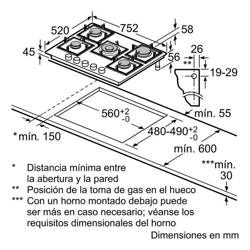 Anafe A Gas Bosch Vidrio 75cm Color Negro