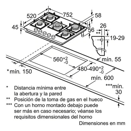 Anafe A Gas Bosch Vidrio 75cm Color Negro