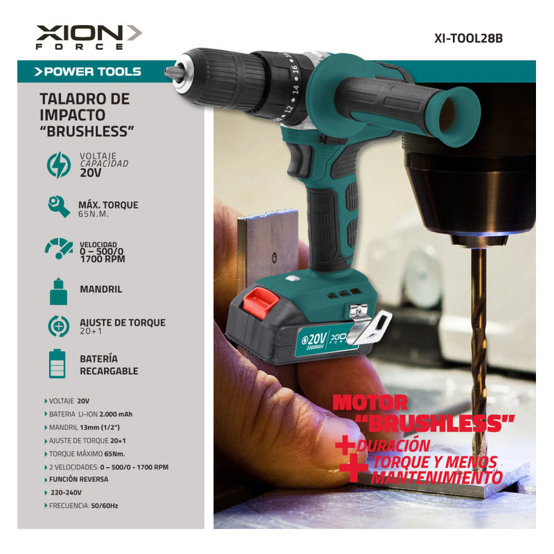 Taladro De Impacto A Bateria 20v (brushless) Xion Xi-tool28b Verde 50/60hz