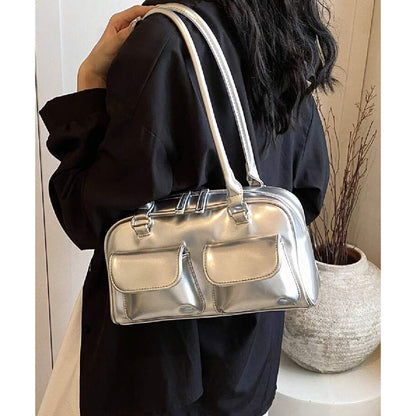 Cartera Bandolera Brillante Mujer Cuero Sintético Plateado