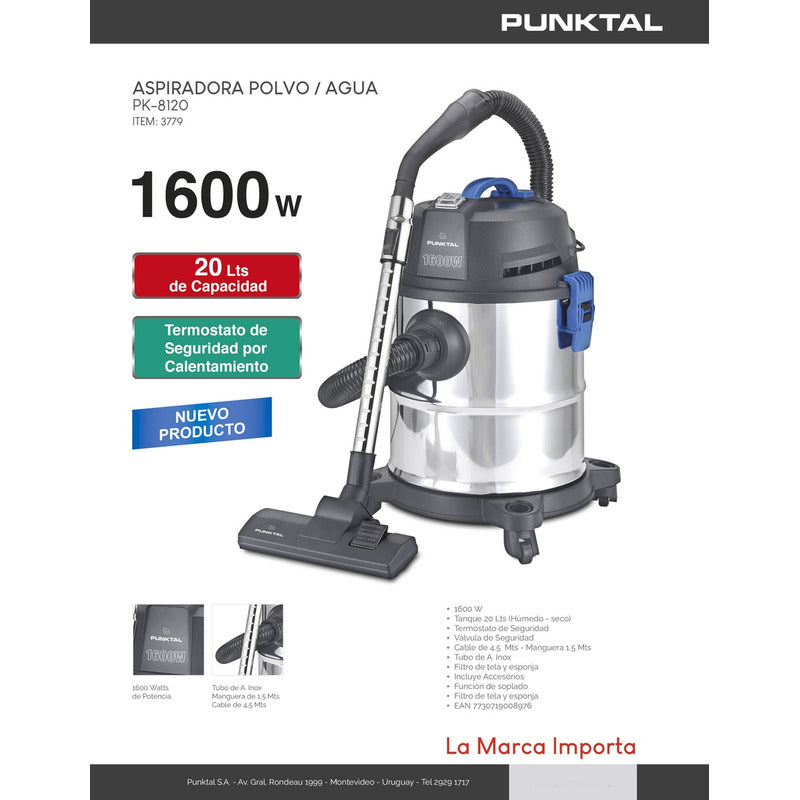 Aspiradora Bidon Seco Humedo Punktal 1600w Pk-8120 20 Litros - Plateado
