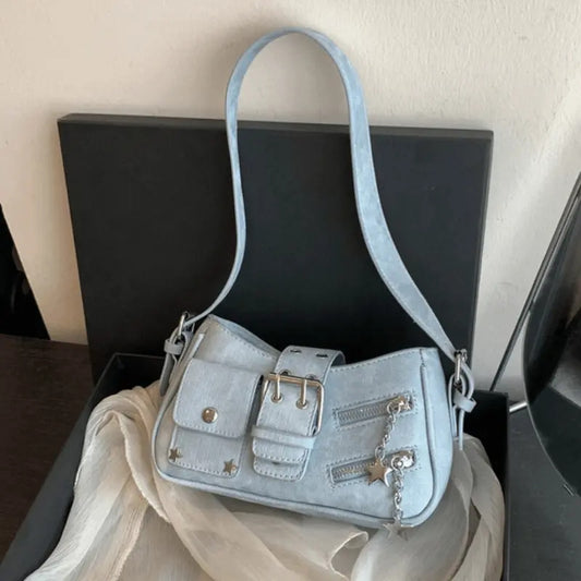 Cartera Bandolera De Tela Para Mujer Correa  De Hombro Azul Claro Lisa