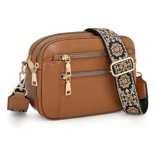 Cartera Bolso Dama Rectangular Combinado 4 Cierres Marrón Lisa