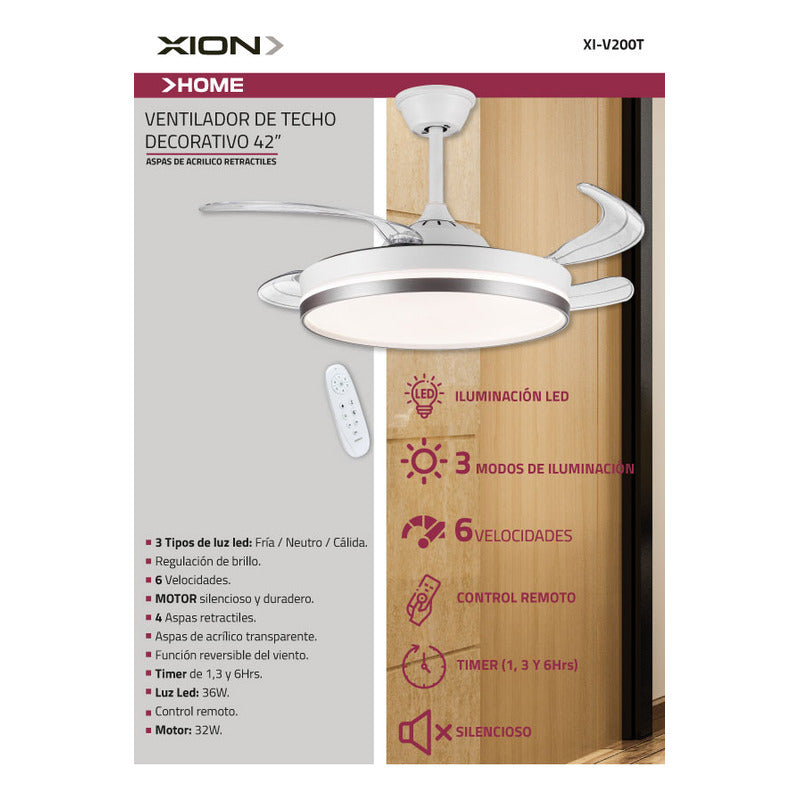 Ventilador De Techo Xion Xi-v200t Aspas Retractiles Luz Led Color De La Estructura Blanco