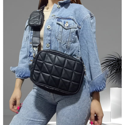 Cartera Bandolera Capitoneada Para Mujer Con Cierre Negro.